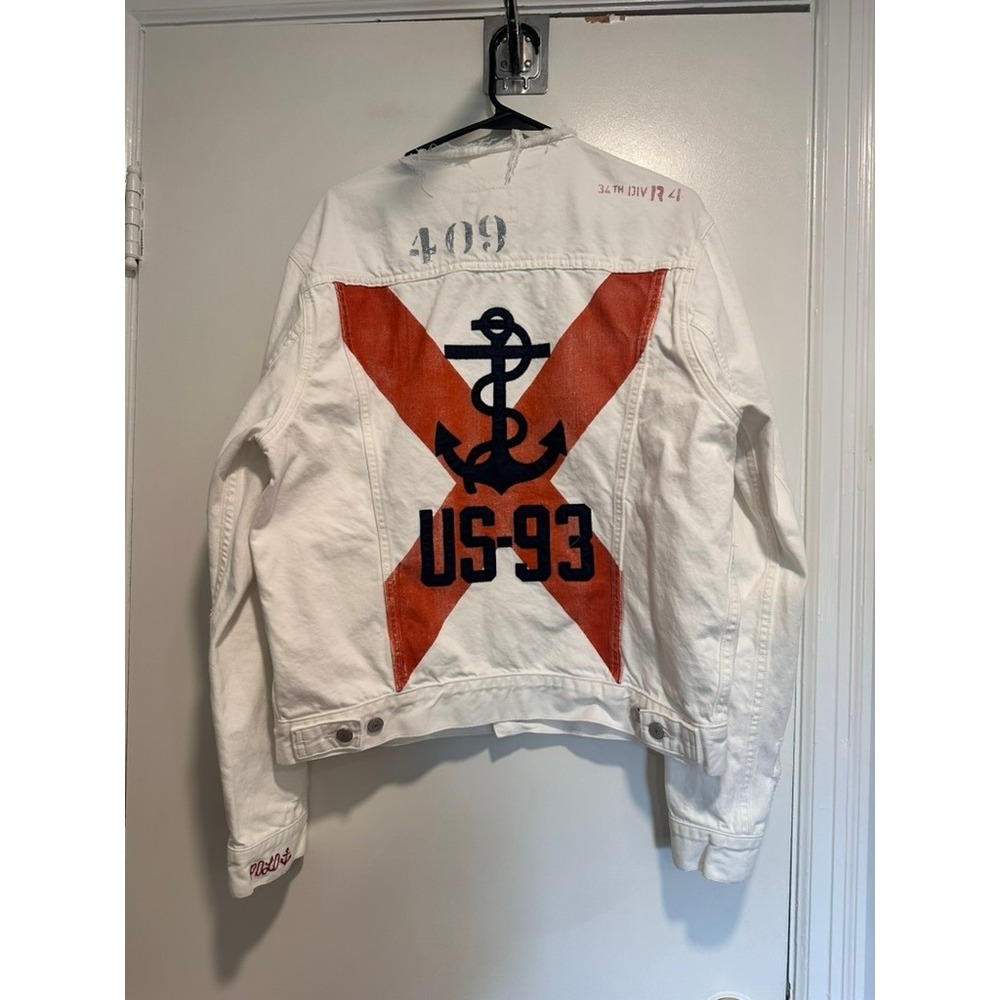 Polo Ralph Lauren Nautical Customized Denim Jacket Sz:L White Distressed Graphic